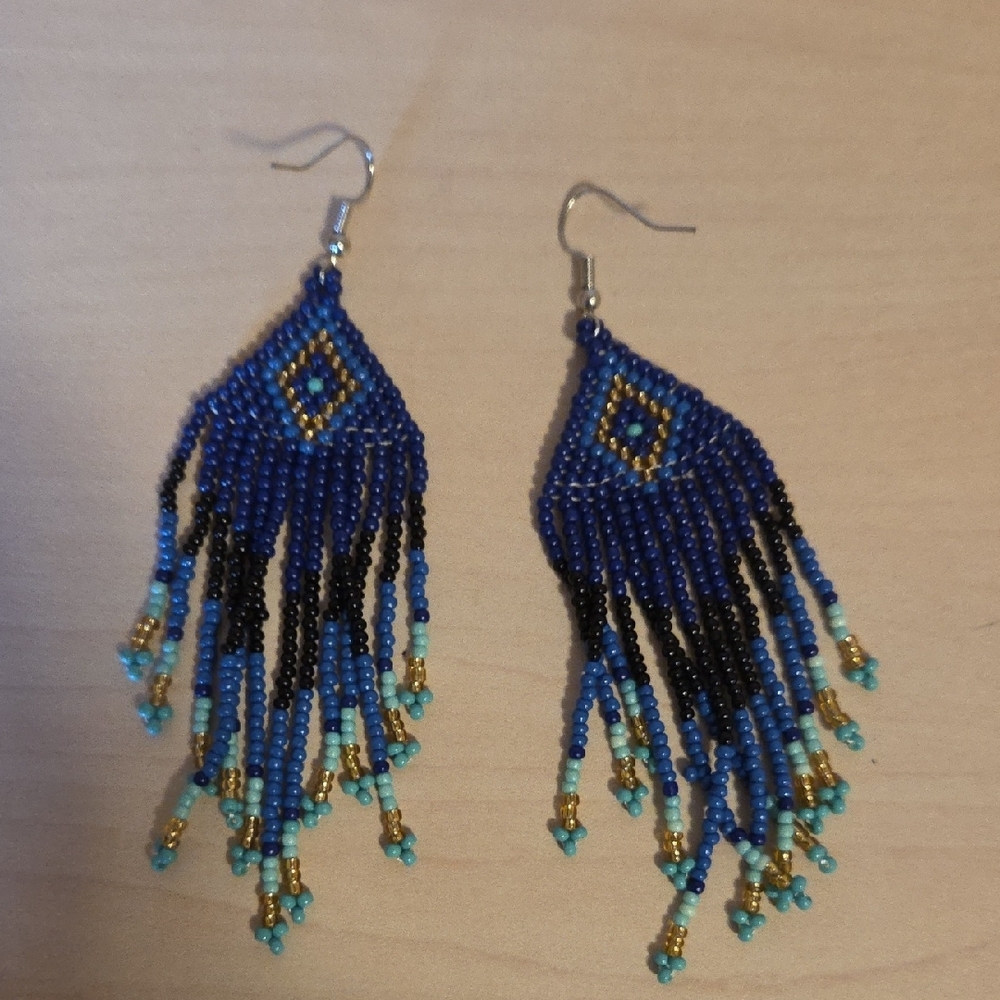 Pair of Beaded Fringe Earrings in Blue, Black,  and Gold - Picture 2 of 3